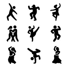 Naklejka premium Dance Style Icons. Solid, filled icon set of dance styles for empowerment: contemporary dance, hip hop, ballet, salsa, jazz dance,