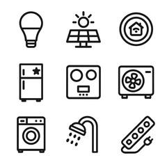 Energy-Efficient Icons Grid. Solid, filled icon set of Energy-efficient appliances: LED bulb, solar panel, smart thermostat,