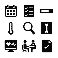 Healing Progress Icons. Solid, filled icon set of monitoring healing progress: calendar, checkmark list, progress bar, thermometer