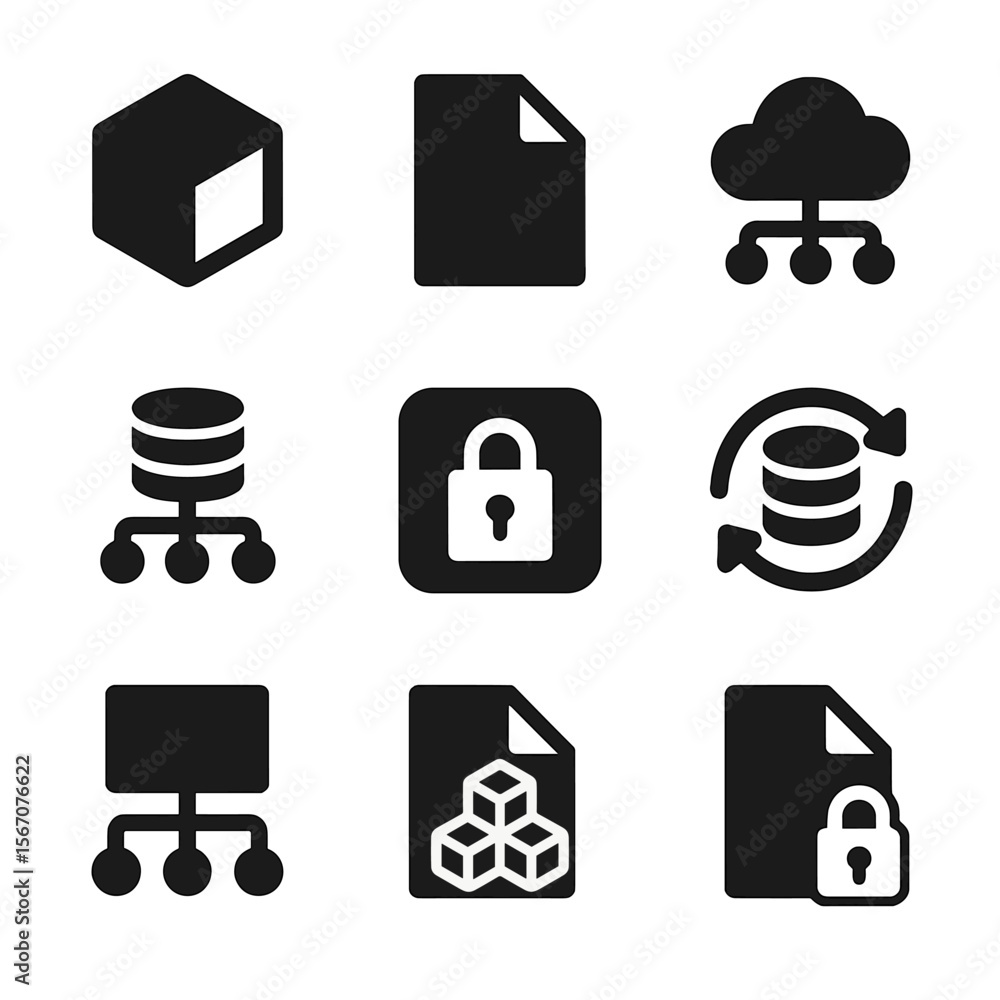 Poster decentralized data icons. solid, filled icon set of decentralized data storage: ipfs logo, file shar