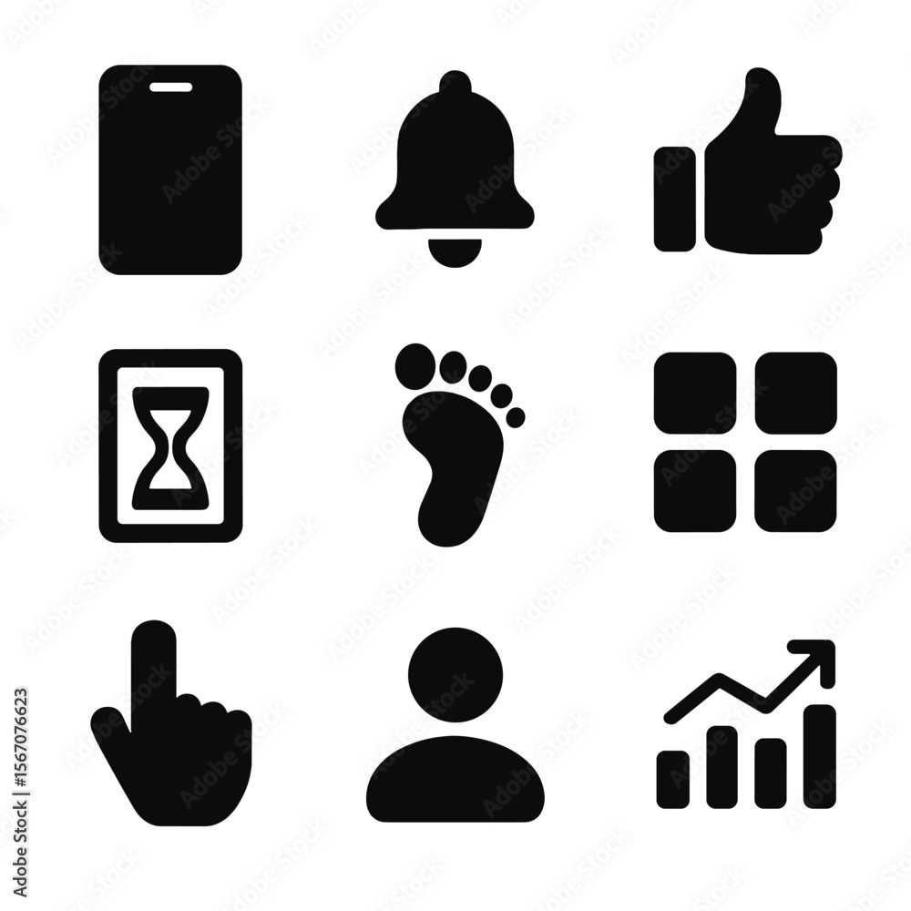 Poster digital icon grid. solid, filled icon set of digital behavior patterns: smartphone, notification bel