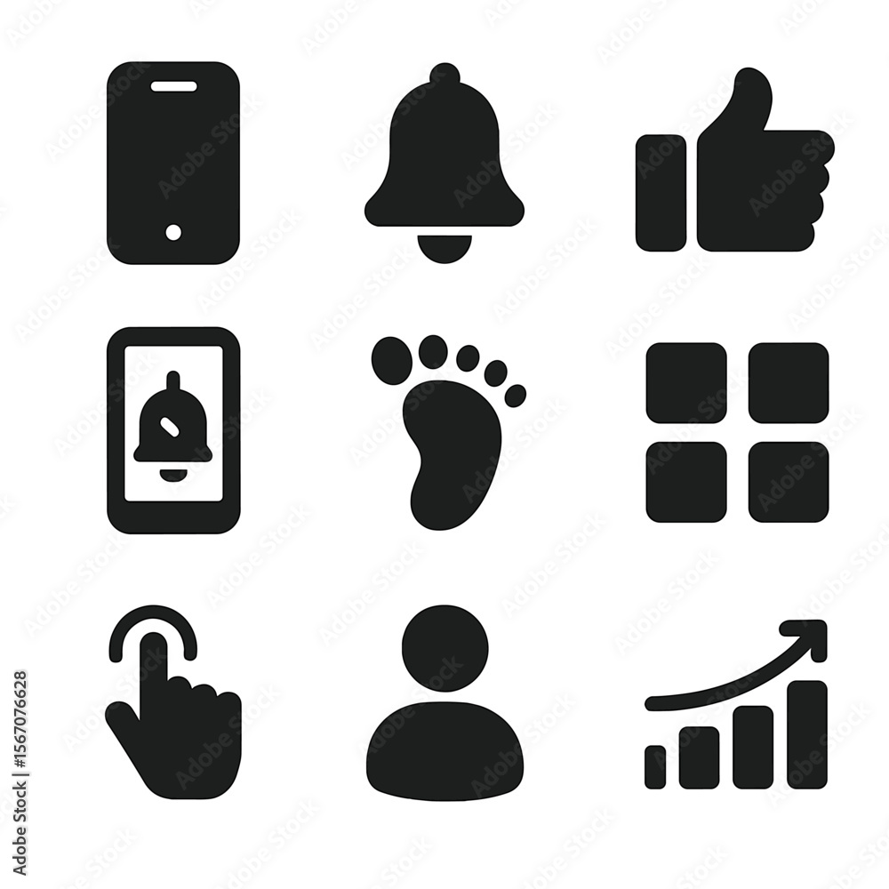 Poster digital icon grid. solid, filled icon set of digital behavior patterns: smartphone, notification bel