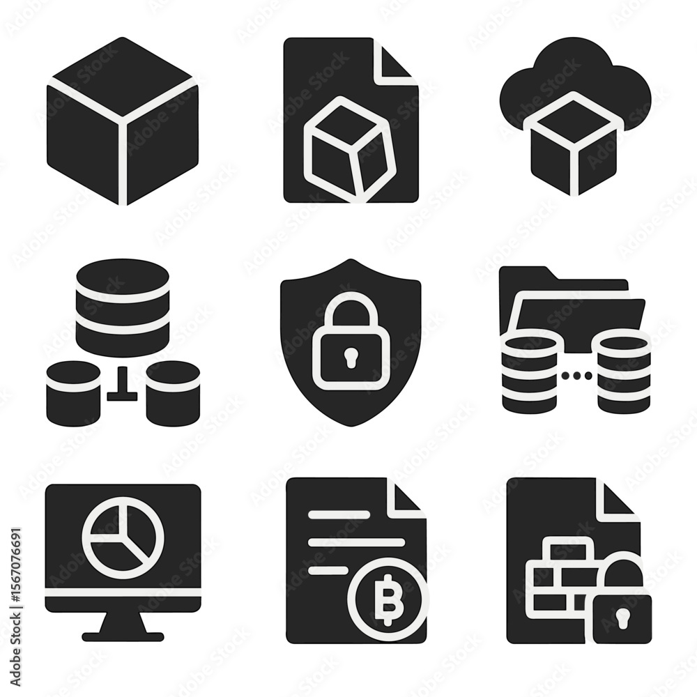 Poster decentralized data icons. solid, filled icon set of decentralized data storage: ipfs logo, file shar