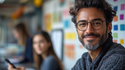 Smiling man with glasses and beard in front of a woman earning new languages