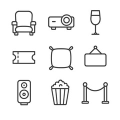 VIP Cinema Icons. Outline icon set of VIP cinema screening: red velvet seat, projector lens, champagne glass, golden ticket stub,
