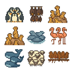 Communal Sleep Icon Set. Pixel art icon set of communal sleep arrangements: penguin huddle, bat cluster, prairie dog town, meerkat