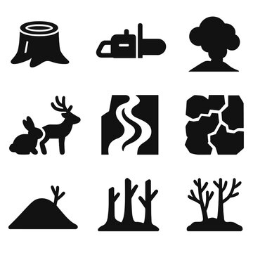 Deforestation Impact Icons. Solid, filled icon set of deforestation impacts: stump, chainsaw icon, eroded land, smoke cloud,