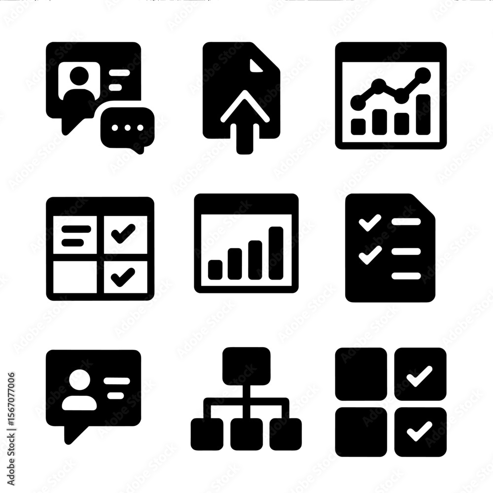 Poster digital tools icon set. solid, filled icon set of digital workspace tools: project chat, file sharin