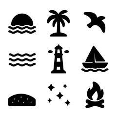Evening Nature Icon Set. Solid, filled icon set of evening nature scene: sunset, palm tree, ocean waves, seagull, lighthouse, boat