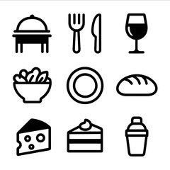 Dining Icon Set. Solid, filled icon set of dining and food: buffet table, fork and knife, plate, wine glass, salad bowl, bread