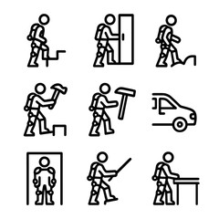 Exoskeleton Interaction Icons. Solid, filled icon set of Environmental interaction with exoskeletons: stairs navigation, door