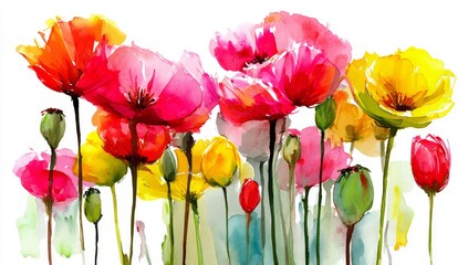 Fototapeta premium A beautiful watercolor illustration of a wildflower meadow, featuring a mix of colorful flowers including tulips, poppies, and daisies, can be used to create stunning wedding invitations, greeting