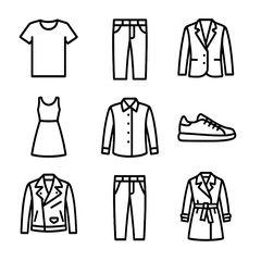 Wardrobe Icon Set. Outline icon set of wardrobe staples: t-shirt, jeans, blazer, little black dress, white shirt, sneakers,
