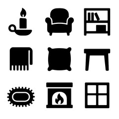 Cozy Reading Nook Icons. Solid, Filled icon set of reading nook ambiance: candle holder, armchair, bookshelf, throw blanket,