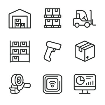 Warehouse Icon Set. Outline icon set of warehousing and inventory management: warehouse building, pallet stack, forklift, racking
