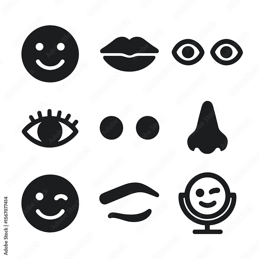 Aufkleber facial feature icons grid. solid, filled icon set of facial features and expressions: smiling face, 