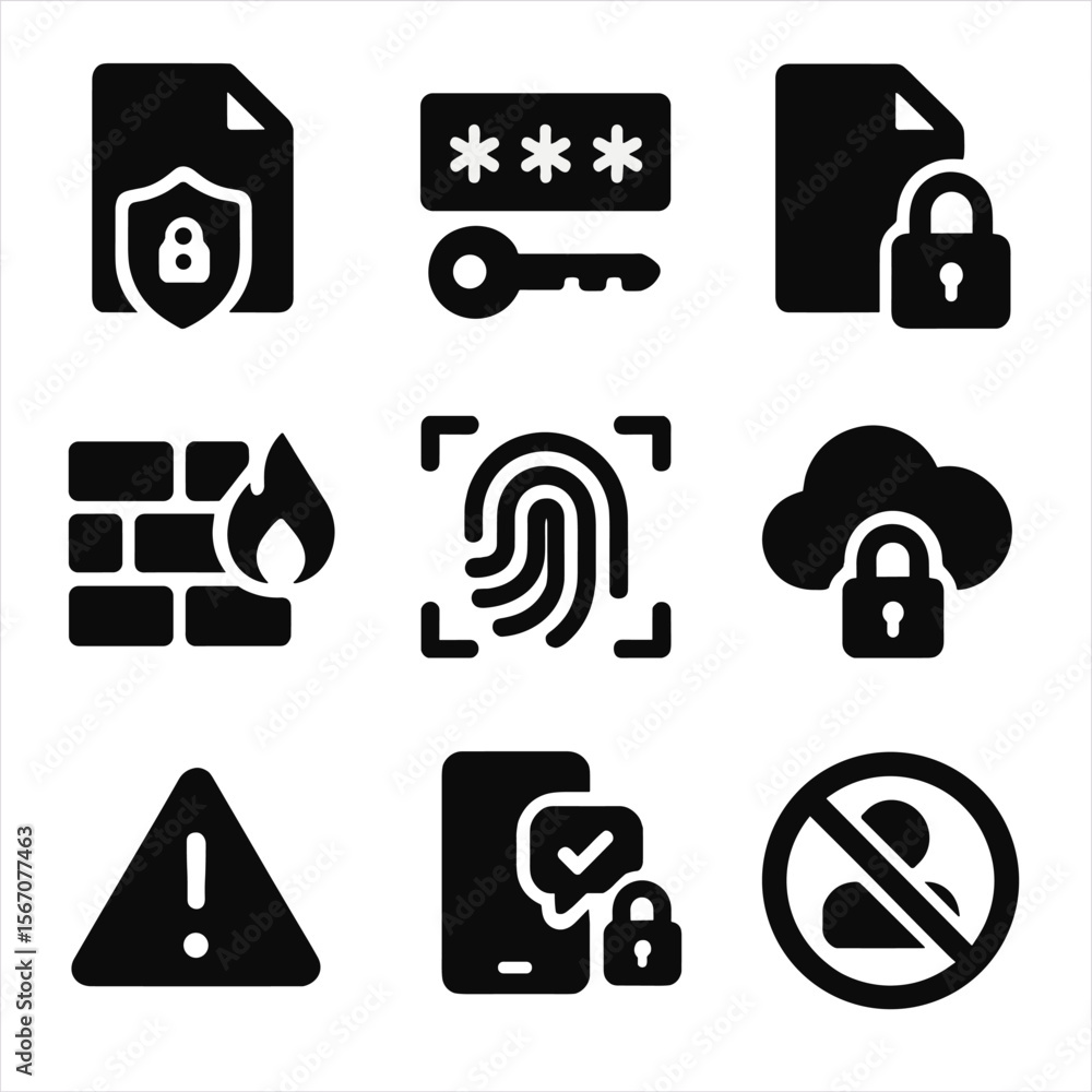 Poster document security icons. solid, filled icon set of document security: shield lock, password key, enc