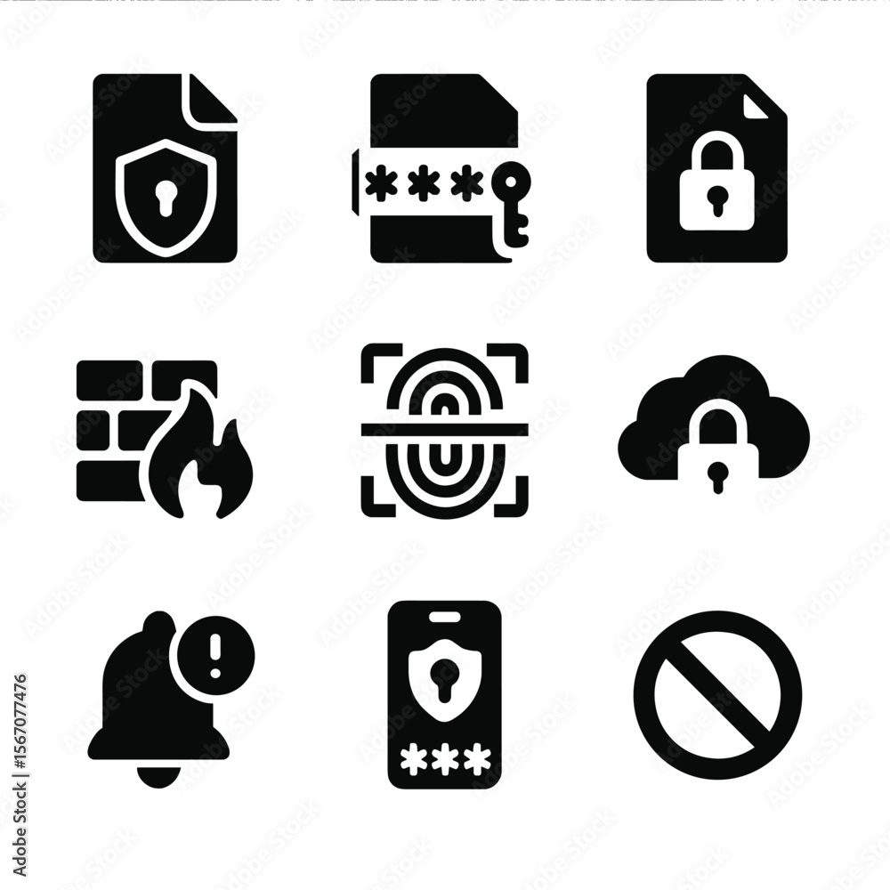 Poster document security icons. solid, filled icon set of document security: shield lock, password key, enc