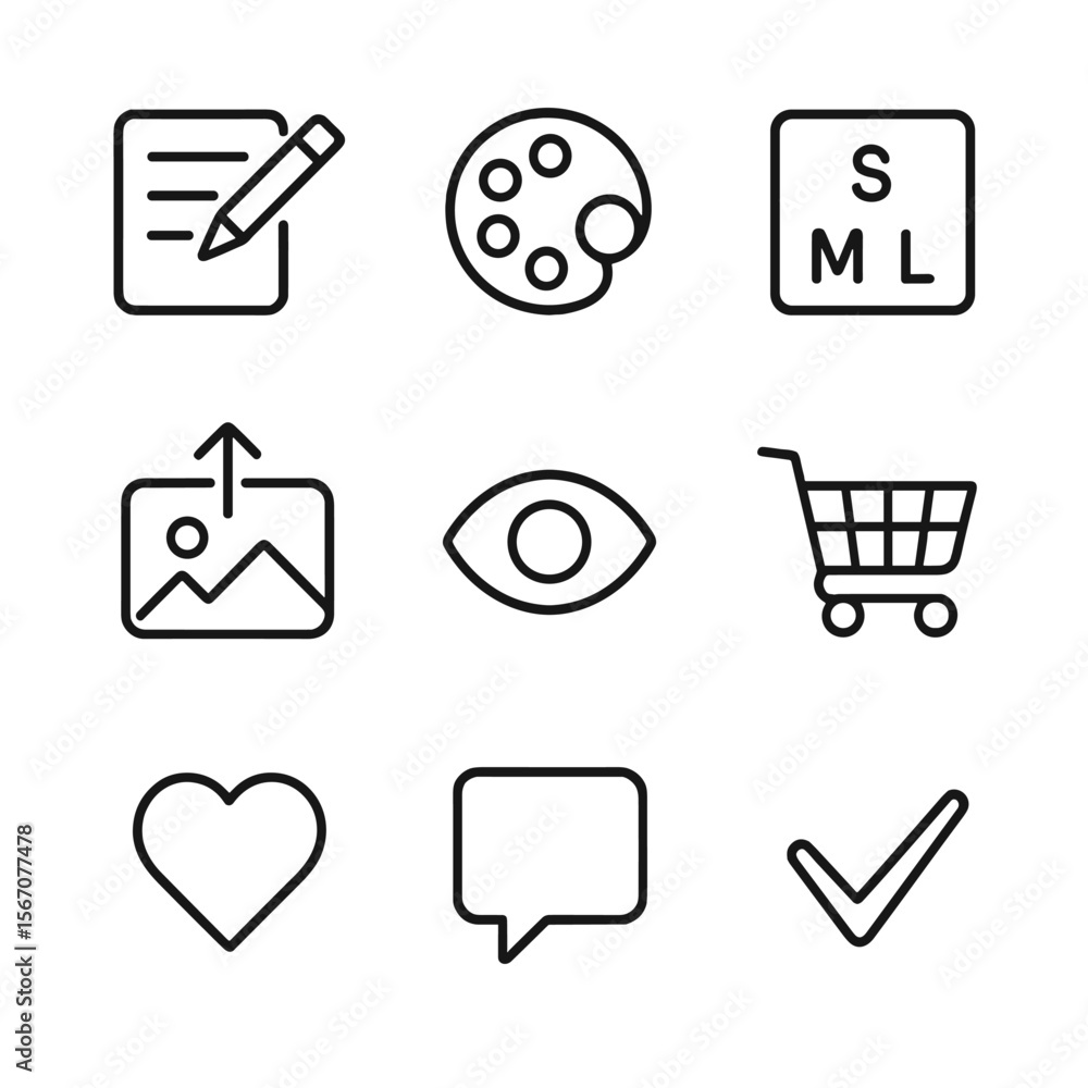 Poster customizable icons grid. outline icon set of customer customization: edit form, color picker, size c