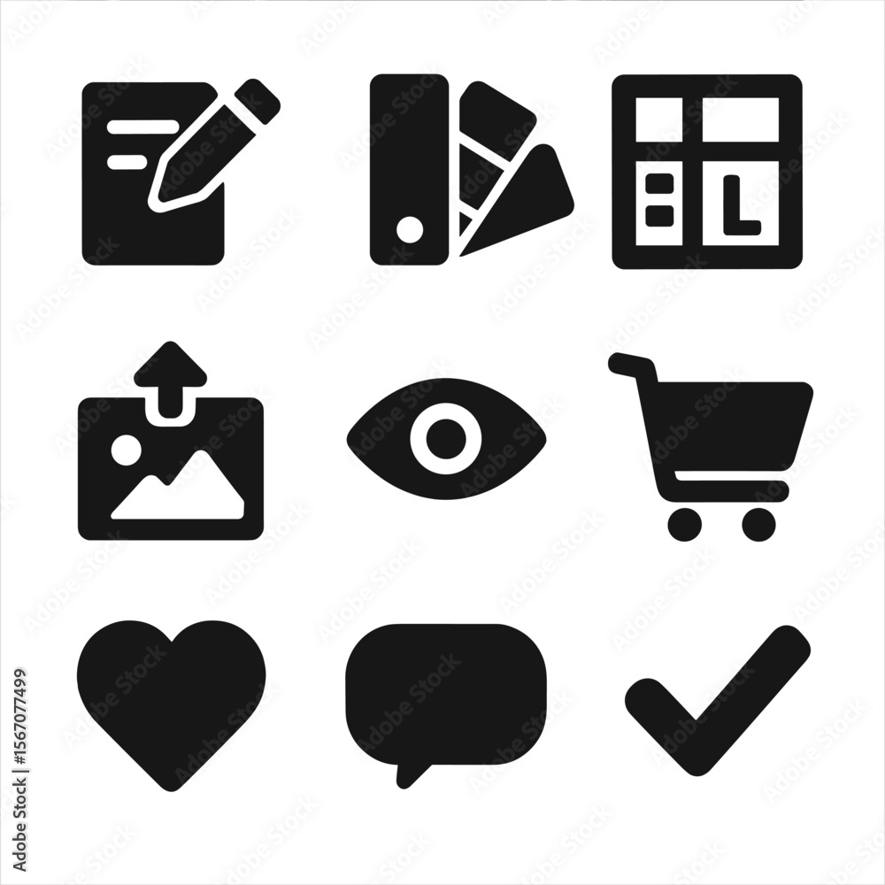 Poster customer customization icons. solid, filled icon set of customer customization: edit form, color pic