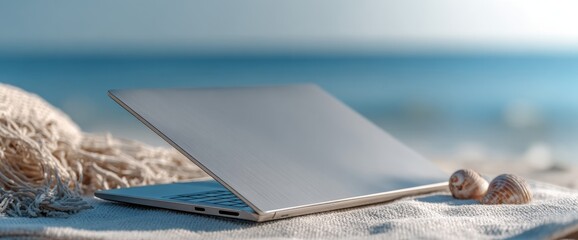 Near the ocean shore, a striped towel holds a closed laptop, and the towel is surrounded by seashells on a sunny day