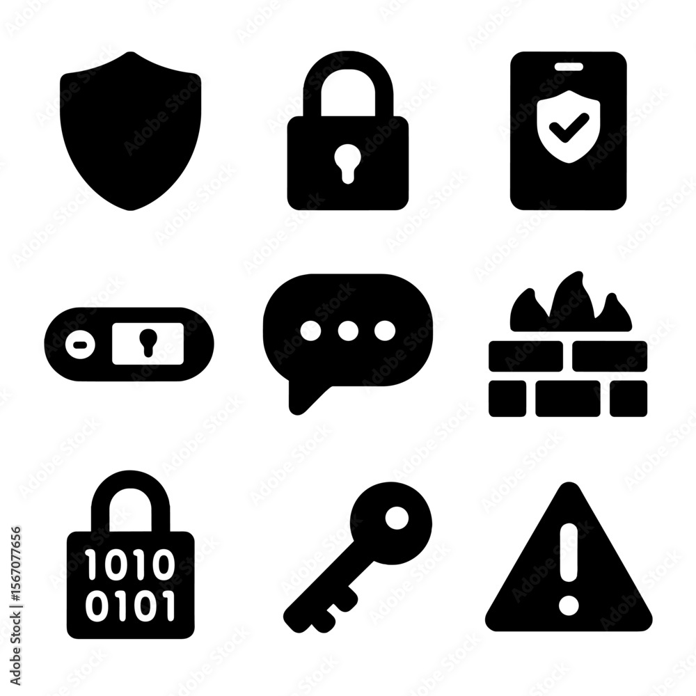 Poster cybersecurity icon grid. solid, filled icon set of account security measures: shield emblem, padlock