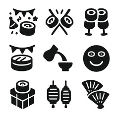 Sushi Celebration Icons. Solid, filled icon set of sushi celebrations: party, chopsticks clinking, sushi toast, festival, sake