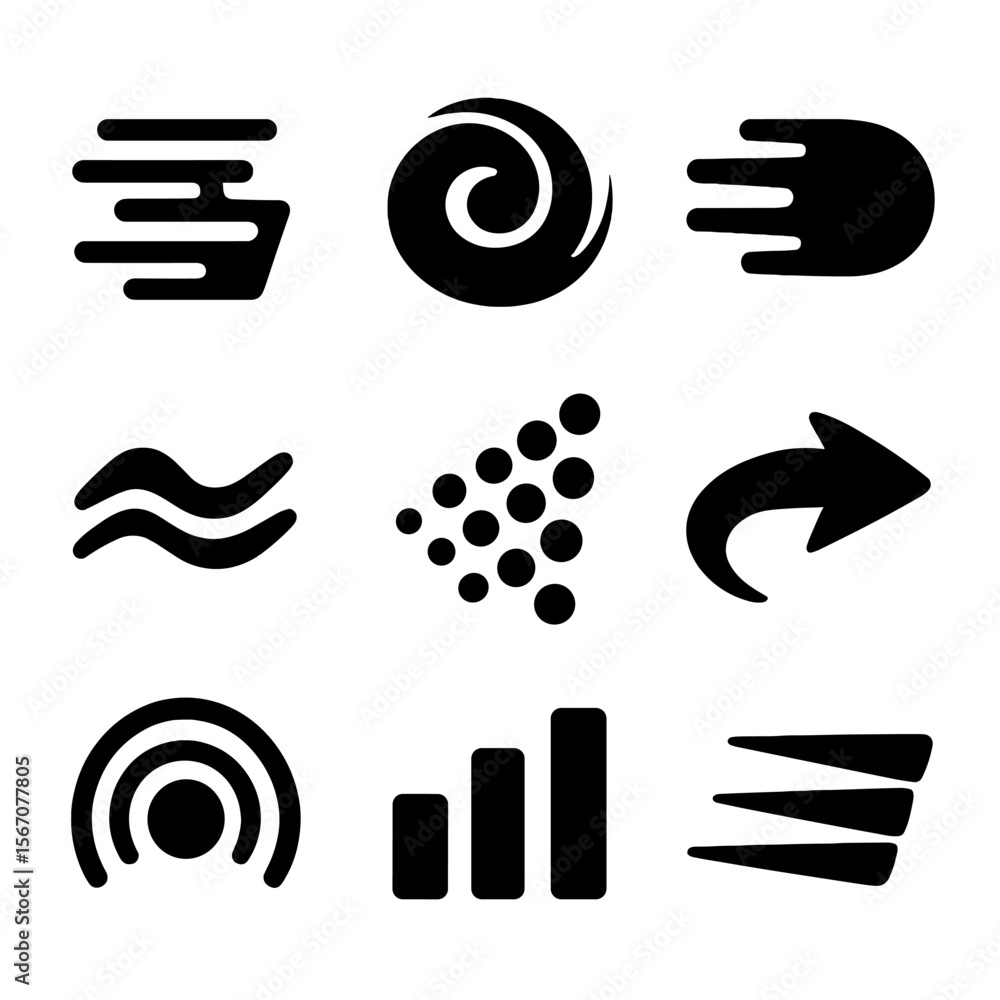 Poster dynamic motion icon set. solid, filled icon set of motion-inspired textures: speed lines, spin blur,