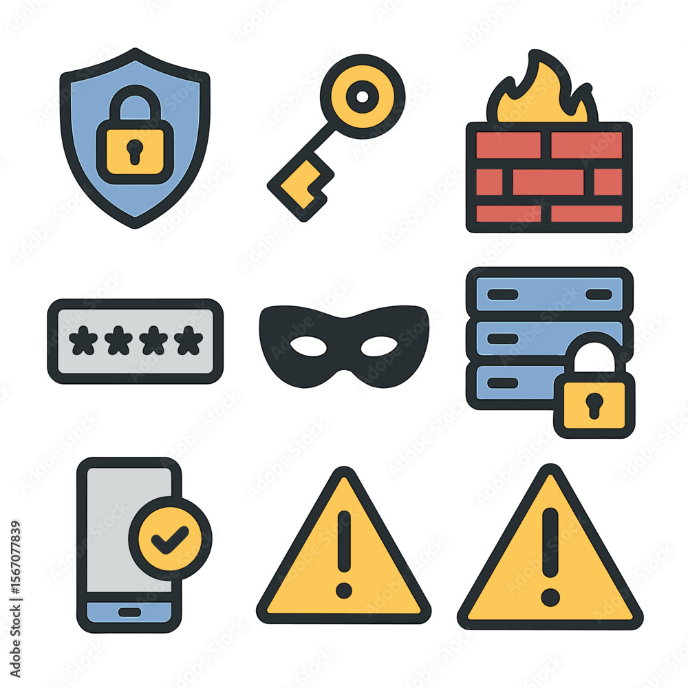 Poster data security icons. flat icon set of data security and privacy: shield lock, encryption key, firewa