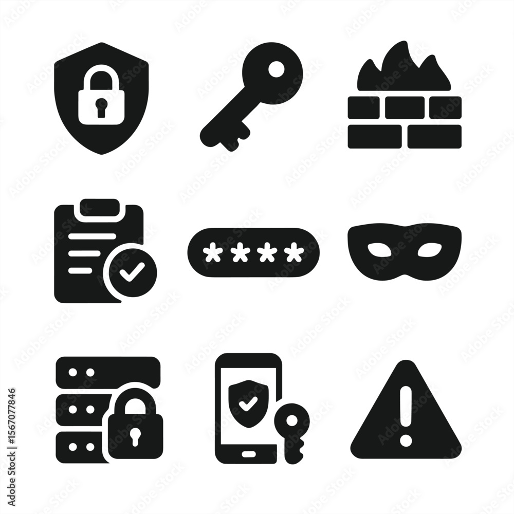 Poster data security icons. solid, filled icon set of data security and privacy: shield lock, encryption ke