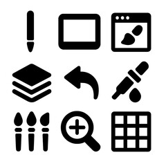 Fototapeta premium Digital Sketch Tool Icons. Solid, filled icon set of sketchbook digital tools: stylus, tablet, drawing software, layers icon, undo
