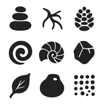 Earthy Design Icons. Solid, filled icon set of earthy design motifs: pebble stack, curved root, pinecone, natural swirl, shell