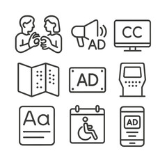 Accessible Advertising Icons. Outline icon set of accessible advertising channels: sign language interpreter, audio description