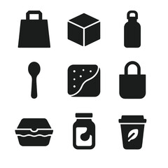 Eco-Friendly Icon Set. Solid, filled icon set of zero plastic alternatives: paper bag, cardboard box, metal bottle, wooden spoon,