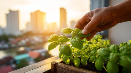In the foreground, a hand makes contact with fresh basil plants that are thriving indoors near a window, while a blurred cityscape fills the background