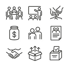 Youth Community Icon Set. Outline icon set of community organizing by youth: group meeting table, workshop presentation board,
