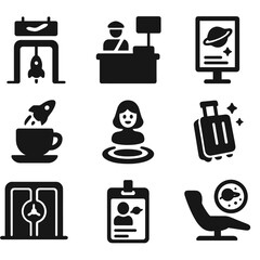 Spaceport Terminal Icons. Solid, filled icons set of spaceport terminal amenities: boarding gate, customs
