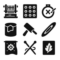 Fototapeta premium Textile Craft Icons. Solid, filled icon set of textile art and pattern design: textile loom, repeating print, embroidery hoop, dye