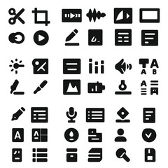 Editing Tools Icons. Solid, filled icon set of editing screen tools: cut tool, crop icon, timeline, play button, undo arrow, zoom