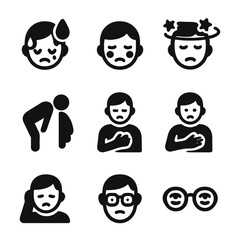 Distress Symptoms Icons. Solid, filled icon set of symptoms of distress: sweating face, flushed cheeks, dizzy stars, headache,