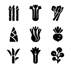 Fototapeta premium Edible Stems Icon Set. Solid, filled icon set of edible stems and shoots: asparagus, celery, rhubarb, bamboo shoot, fennel stalk,