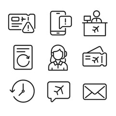 Airline Service Icons. Outline icon set of delay notification and rebooking: boarding pass with exclamation, mobile notification,
