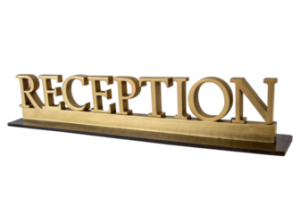 Gold reception sign with elegant lettering isolated on transparent background, hotel signage