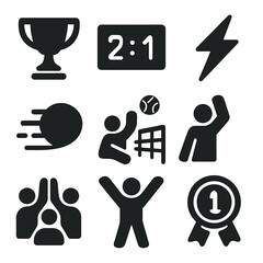 Team Sports Icons. Solid, filled icons set of competitive team sports: trophy icon, scoreboard, competitive