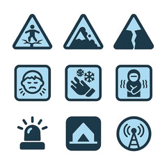 Polar Safety Icons Grid. Flat icon set of polar safety signs: thin ice warning, avalanche hazard, crevasse danger, cold stress