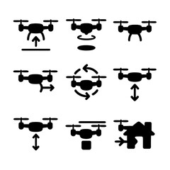 Drone Icons Grid. Solid, filled icon set of drone operations: takeoff, landing, hovering, flying forward, rotating, ascending,
