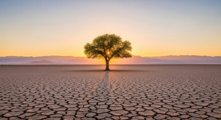A lone tree stands in a cracked desert landscape at sunset