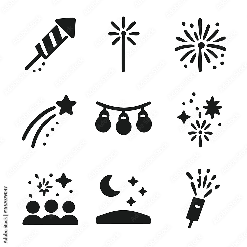Poster fireworks icon set. solid, filled icon set of fireworks and lights: exploding rocket, sparkler stick