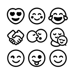 Emotional Icon Set. Solid, filled icon set of emotional expressions: heart eyes, blushing cheeks, laughter tears, holding hands,