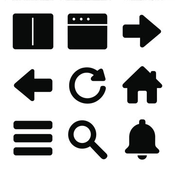 UI Navigation Icons. Solid, filled icon set of multitasking and navigation: split screen, tabs, back arrow, forward arrow, refresh